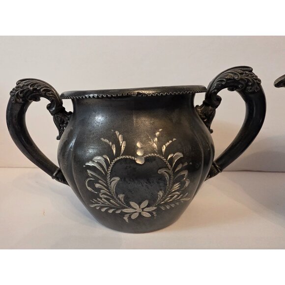 Vintage Forbes Silver Plated Sugar Bowl & Creamer Engraved Floral Ornate Handles - Picture 2 of 14